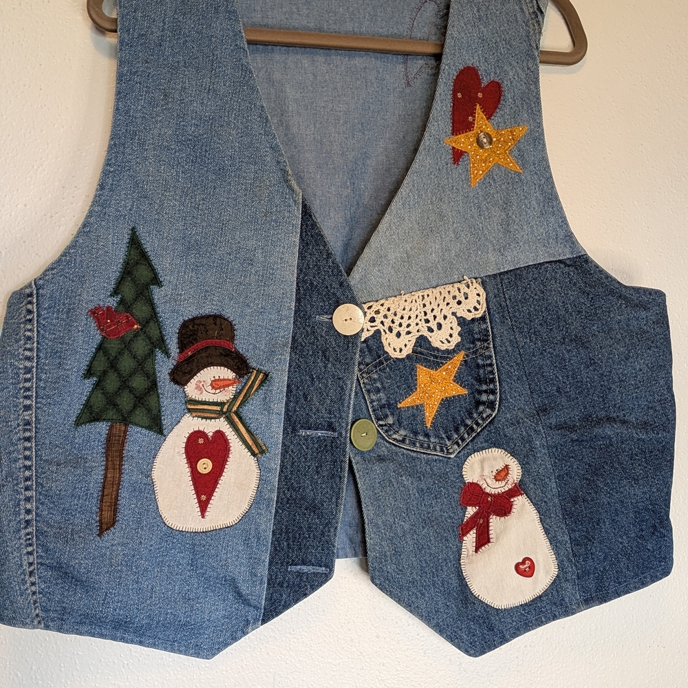 Festive Denim Vest with Snowman and Star Appliques